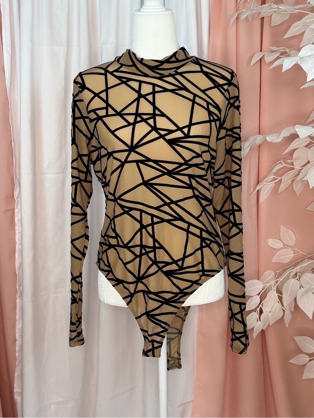 Fashion Nova Camel & Black Geometric Long Sleeve Bodysuit